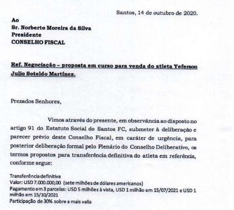 Documento encaminhado pela gestão do Santos ao Conselho Fiscal (Foto: Reprodução)