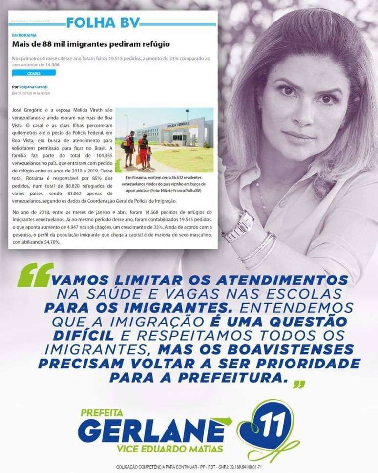 Postagem da candidata Gerlane Baccarin (Progressistas) afirma que ‘boavistenses precisam voltar a ser prioridade para a Prefeitura’