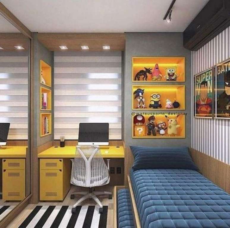 5. Use o espaço vertical do quarto de solteiro pequeno investindo em nichos e prateleiras – Foto: Pinterest