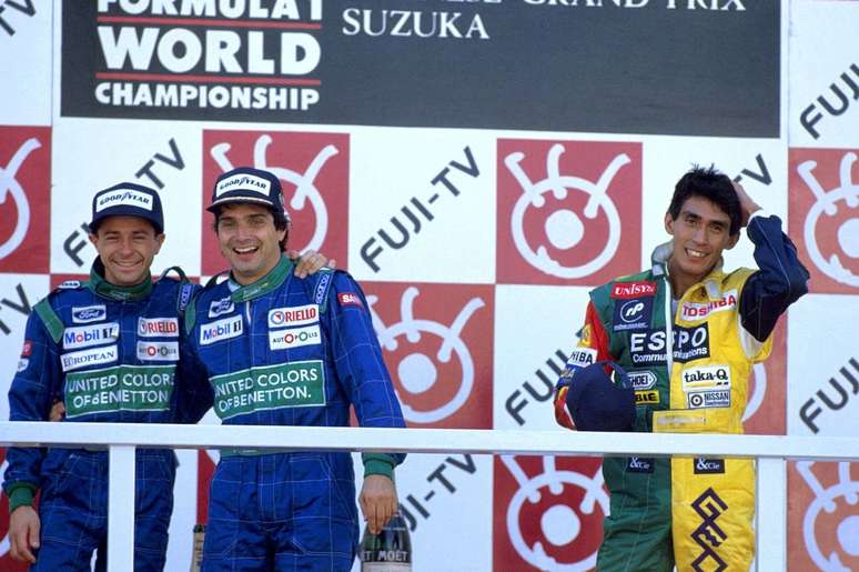 Pódio de Suzuka em 1990: Moreno completa a dobradinha brasileira com Nelson Piquet.