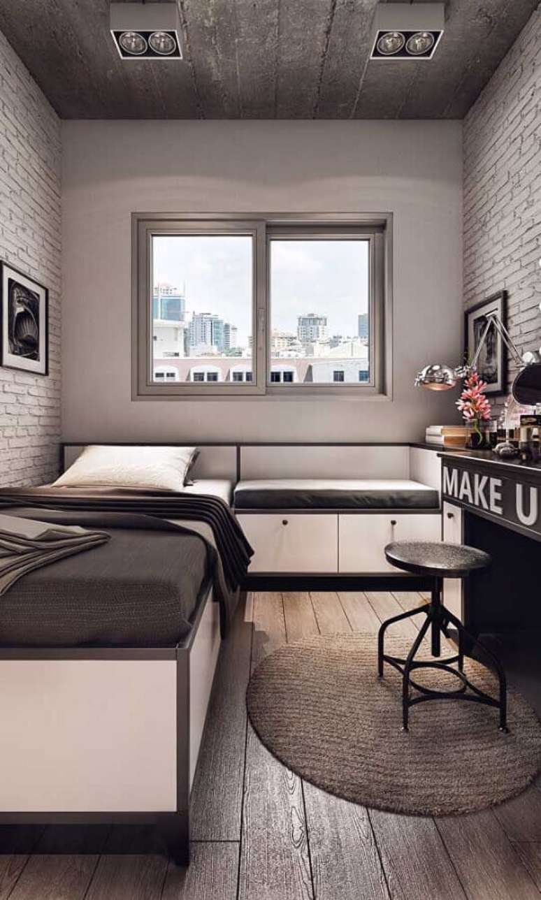 47. Móveis planejados para decoração de quarto pequeno solteiro cinza simples – Foto: Pinterest