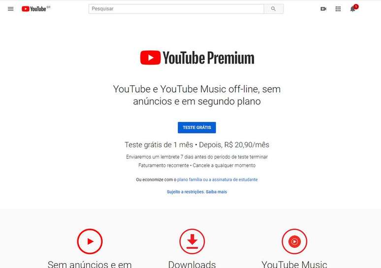 Tela de introdução do Youtube Premium 