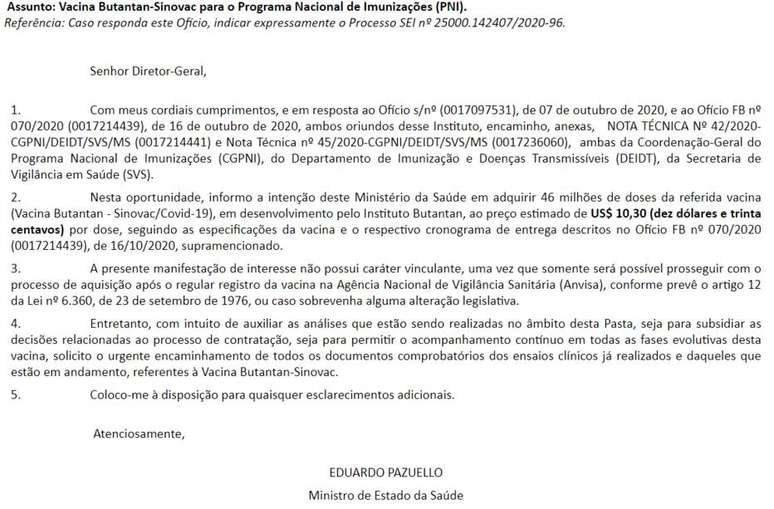 Ofício assinado pelo ministro da Saúde, Eduardo Pazuello, fala sobre intenção de comprar 46 milhões de doses da Coronavac após aprovação da Anvisa