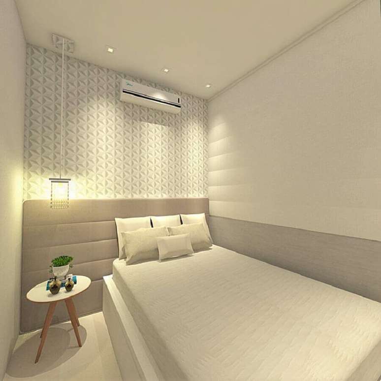 54. Decoração minimalista com revestimento 3D para quarto com cabeceira cinza solteiro – Foto: Pinterest