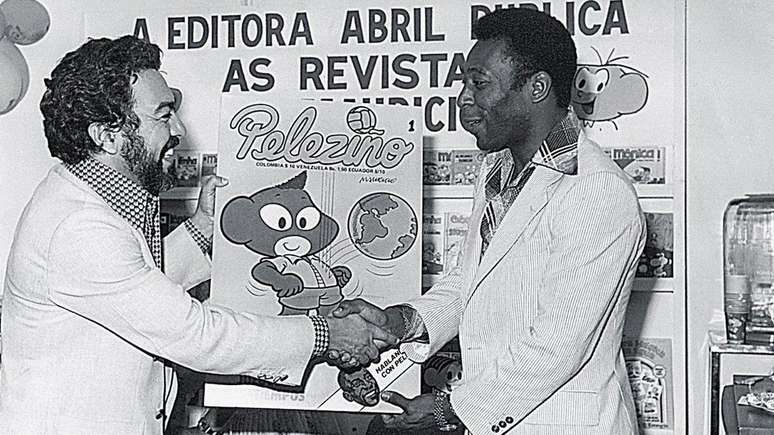 Pelé e Maurício de Sousa em 1977, no lançamento da revista Pelezinho