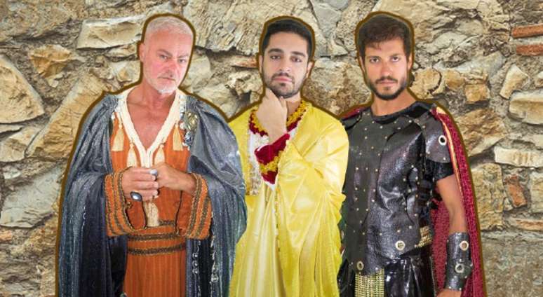 Kadu Moliterno, Miguel Rômulo e Raphael Viana caracterizados como Herodes, Caifás e Pilatos