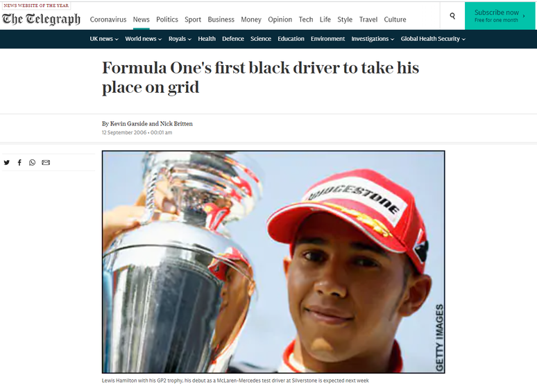 Manchete no site do jornal "The Telegraph", em 2006: o nome Hamilton não foi sequer citado no título da reportagem.