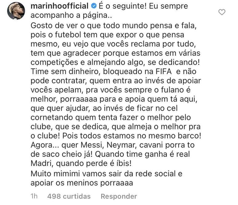 Comentário de Marinho no Instagram (Foto: Reprodução)