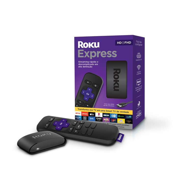 O kit do Roku Express vem com: o conversor em si; um mini controle remoto; duas pilhas AAA; um cabo HDMI; e um cabo de alimentação USB