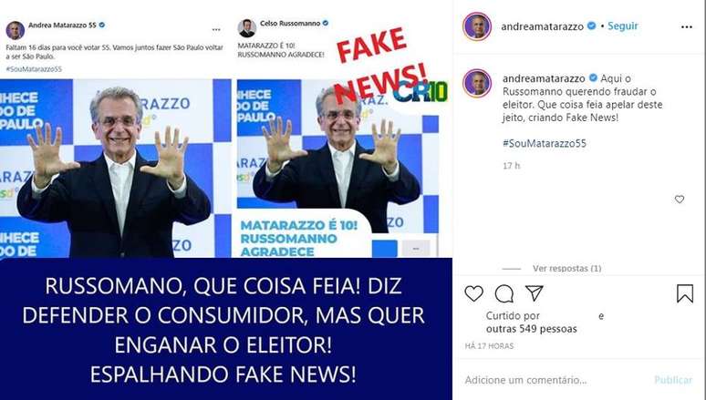 Nas redes, Andrea Matarazzo (PSD) reclamou de postagem de Celso Russomanno (Republicanos). 