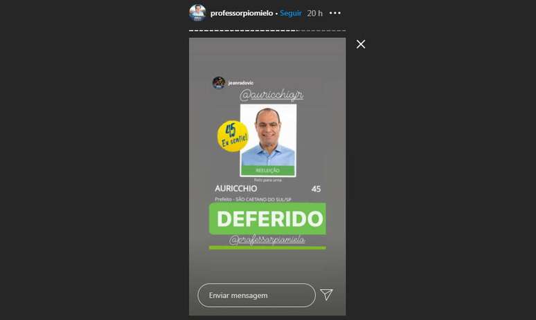 Postagem do vereador de São Caetano do Sul Eclerson Pio Mielo, presidente da Câmara Municipal, no stories de seu perfil no Instagram