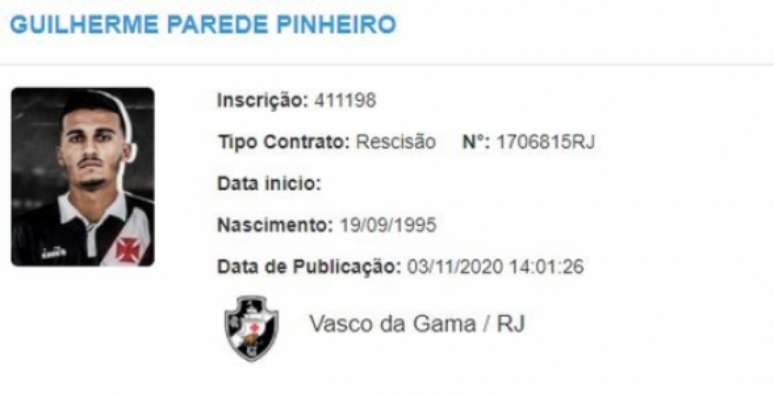 Guilherme Parede deixa o Vasco - BID  (Reprodução)