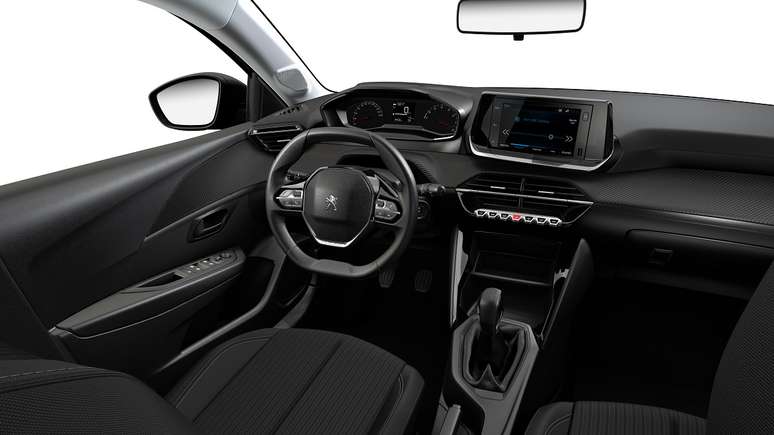Interior do novo Peugeot 208 Like Pack, que tem multimídia e câmbio manual de cinco marchas.