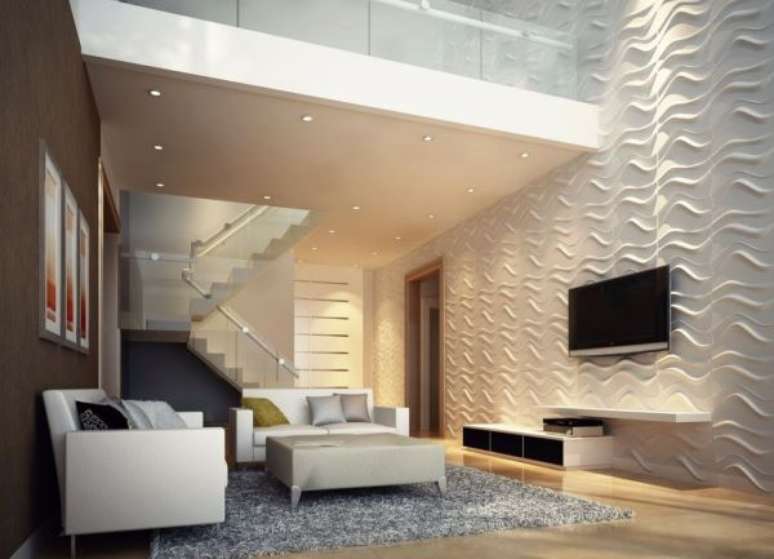 41. Revestimento 3D para sala de estar moderna em branco – Via: Pinterest