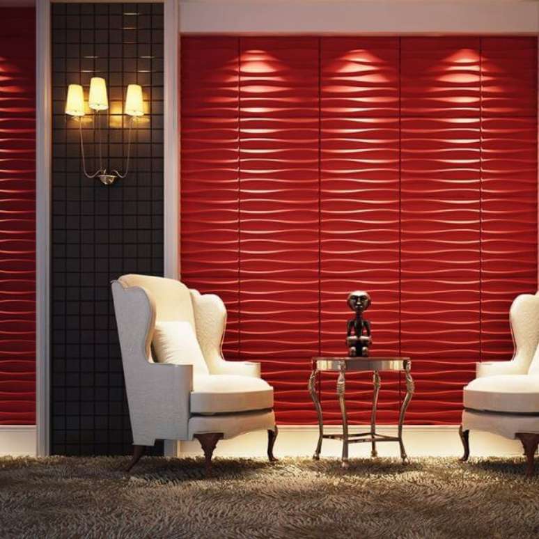 43. Revestimento 3D para sala de estar na cor vermelho e branco &ndash; Via: Revista VD