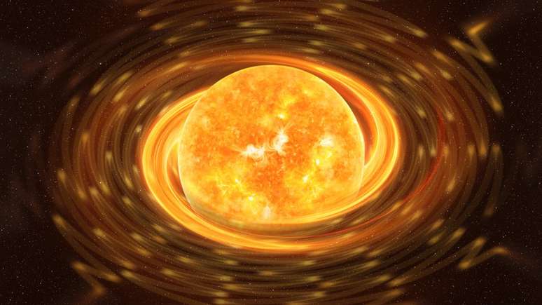 Em um milissegundo, magnetar emitiu tanta energia em ondas de rádio quanto o nosso Sol em 30 segundos. (Ilustração em arquivo com itens fornecidos pela NASA).