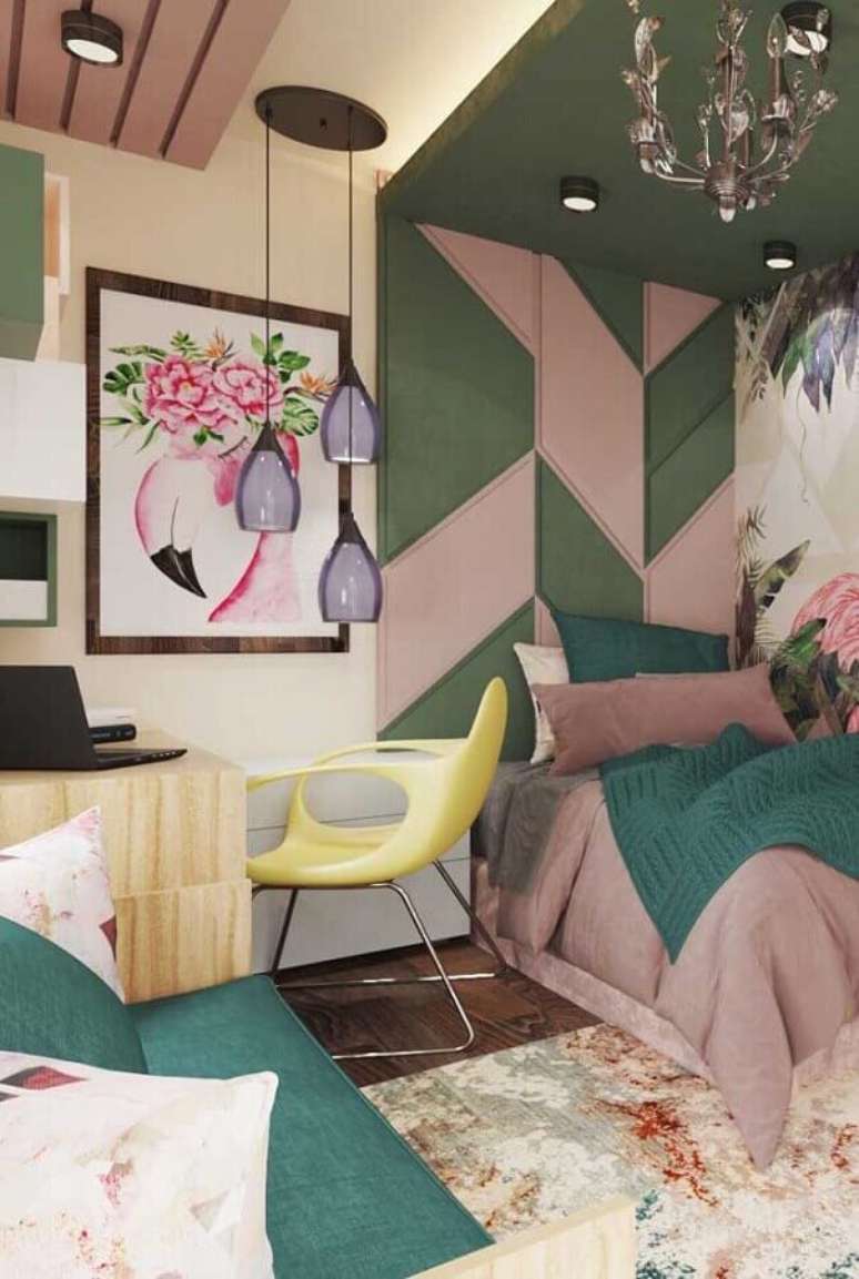 17. Decora&ccedil;&atilde;o colorida com lumin&aacute;rias pendentes e quadros para quarto jovem feminino &ndash; Foto: My Desired Home