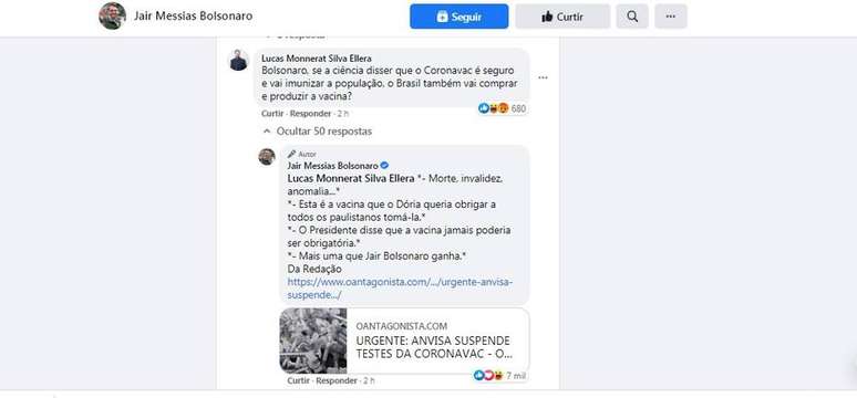 Bolsonaro ironiza Doria ao responder questionamento de seguidor no Facebook