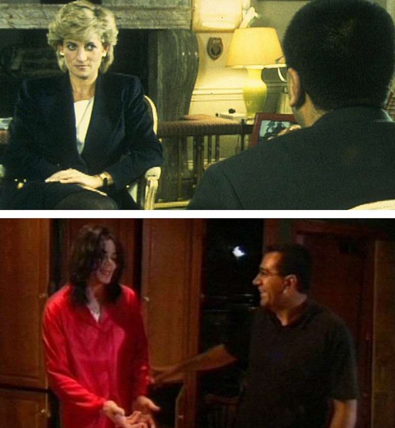 Acima, Bashir na reveladora entrevista com Diana; abaixo, nos bastidores das gravações com Michael Jackson