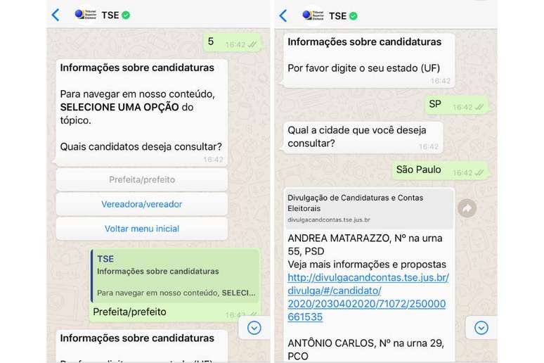 Consulta sobre candidaturas a prefeito de S&atilde;o Paulo feita por meio do chatbot do TSE.