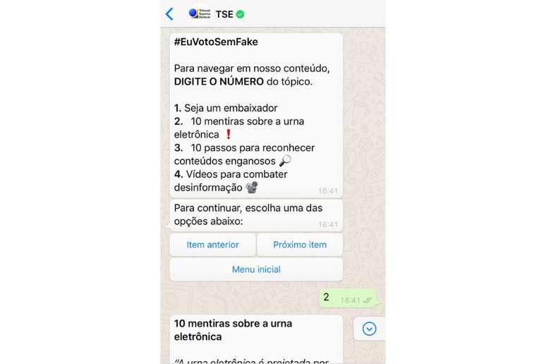 Conte&uacute;do falso checado pelo TSE no chatbot do WhatsApp.