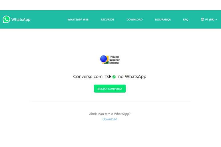 Tela do WhatsApp Web que redireciona o usu&aacute;rio para uma janela de conversa com o chatbot do TSE.