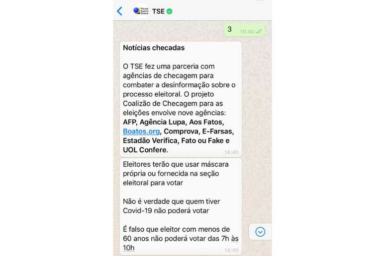 Resposta do chatbot ao t&oacute;pico sobre fake news.