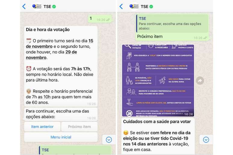 Respostas do chatbot do TSE sobre as datas da vota&ccedil;&atilde;o e sobre os procedimentos de seguran&ccedil;a.