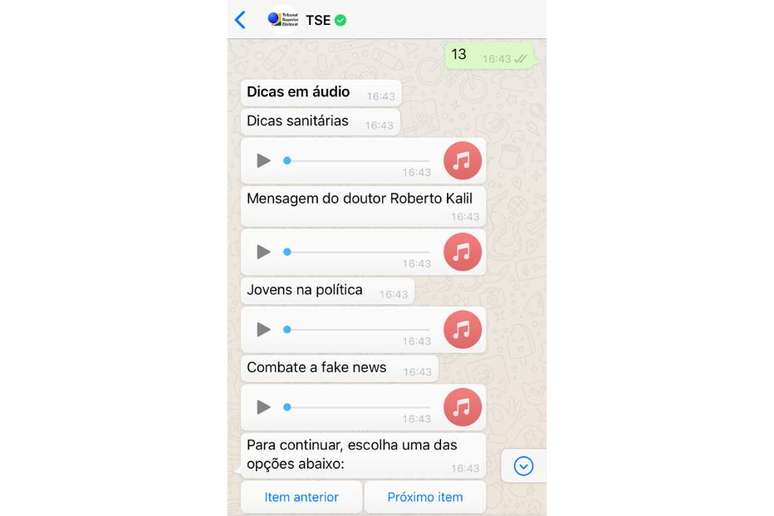 Conte&uacute;do em &aacute;udio enviado pelo TSE no chatbot do WhatsApp.