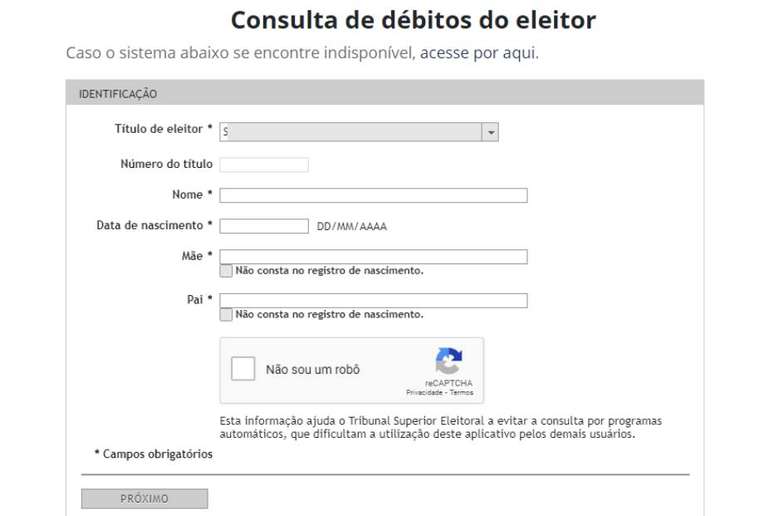 P&aacute;gina de consulta dos d&eacute;bitos do eleitor no site do TSE; para conferir se h&aacute; alguma pend&ecirc;ncia com a Justi&ccedil;a Eleitoral, o eleitor deve preencher todos os campos corretamente.