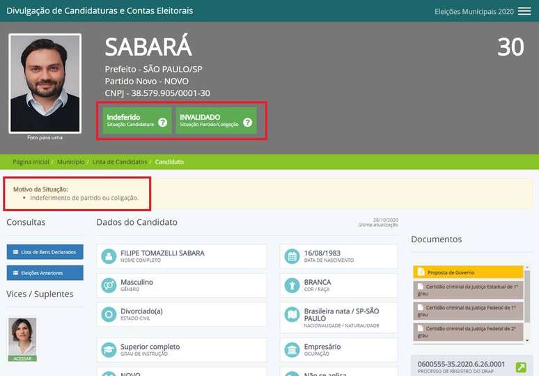Passo 6: ao lado da foto do candidato, pode ser vista a situação da candidatura e da coligação. Caso esteja indeferida, o motivo será exibido na caixa amarela logo abaixo.