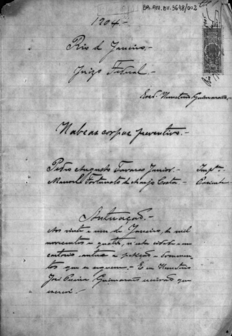 A Revolta da Vacina foi “judicializada” e chegou ao Supremo Tribunal Federal em 1905. Manoel Furtunato de Araujo Costa acionou a Justica para impedir a atuação de agentes sanitários em sua casa e ganhou o caso na Suprema Corte.