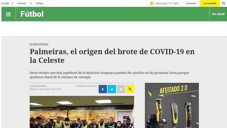 Jornal uruguaio Ovación aponta que Palmeiras é origem das contaminações na seleção celeste