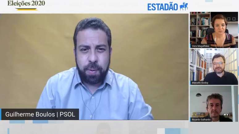 O candidato Guilherme Boulos (PSOL) durante sabatina do Estadão nesta quarta-feira, 18