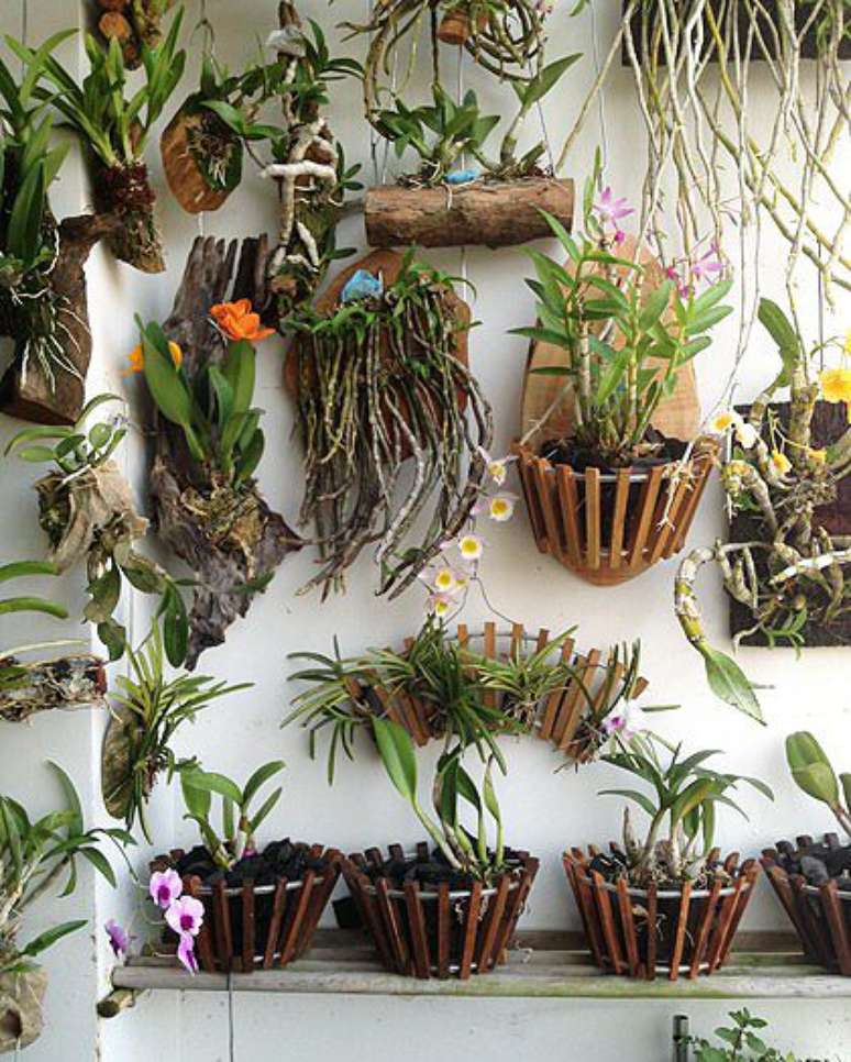 11. Vaso de madeira para parede com flores de diferentes espécies – Via: Orchild Mate