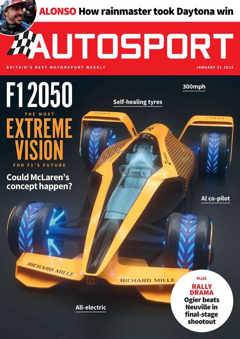 Revista inglesa Autosport publicou em 2019 uma capa com o que seria um carro de F1 totalmente elétrico a partir de 2050, mas talvez isso ocorra bem antes.