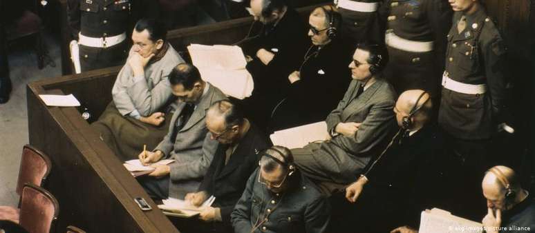 O banco do réus em 20 de novembro de 1945: Goering, Hess e outros líderes do nazismo