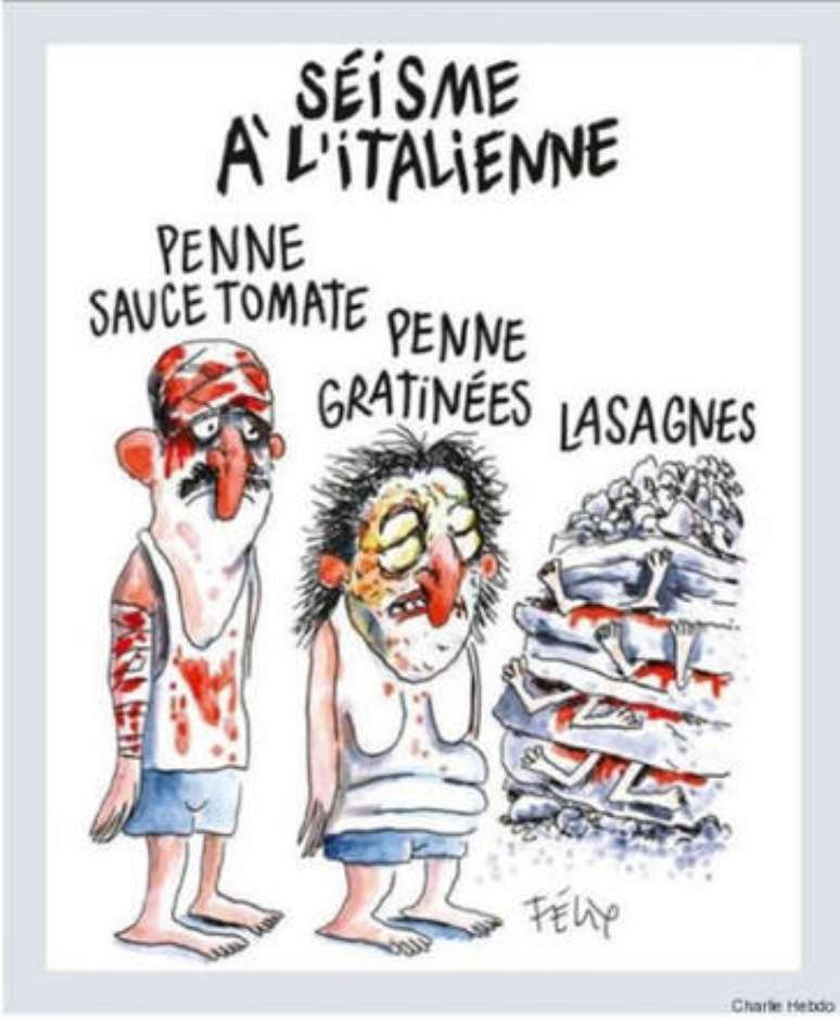 Charge publicada pelo Charlie Hebdo após terremoto de Amatrice