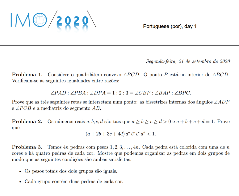 Exercícios da IMO também são de raciocínio, mas de alta complexidade; há mais de uma forma de resolvê-los e, ao final da competição, um representante da equipe tem como tarefa adicional argumentar em favor das soluções dadas pelos alunos do seu país