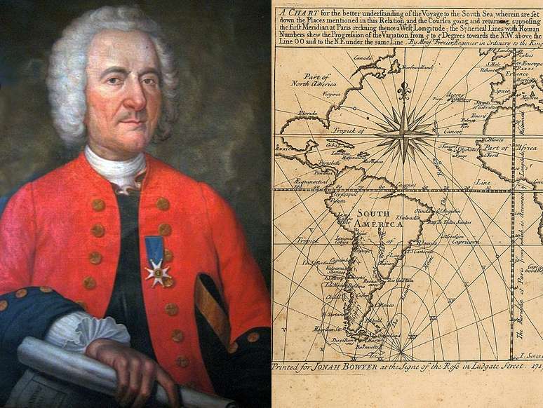 Frézier e o frontispício de seu livro 'Uma viagem ao Mar do Sul e ao longo das costas do Chile e do Peru, nos anos de 1712, 1713 e 1714'