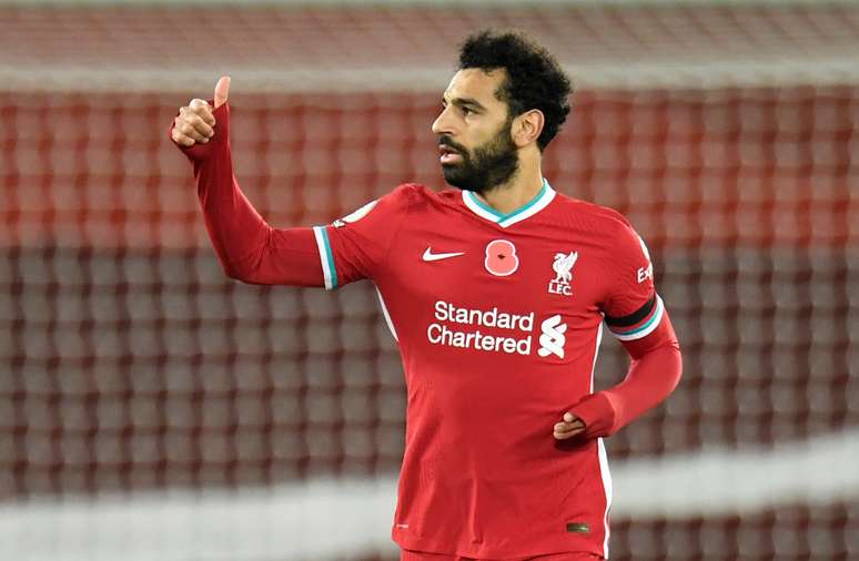 Mohamed Salah durante partida do Liverpool contra o West Ham pelo Campeonato Inglês
31/10/2020 Pool via REUTERS/Peter Powell 
