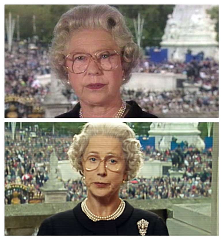 Acima, Elizabeth II em seu discurso histórico na TV; abaixo, a reprodução do fato no filme ‘A Rainha’, com Helen Mirren