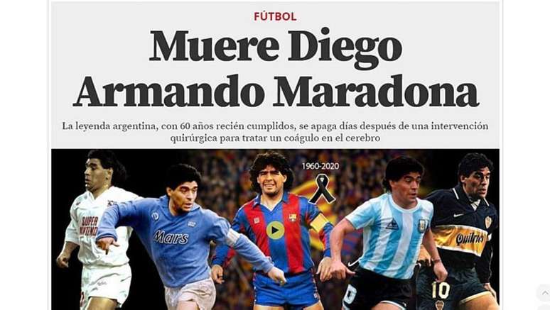 Manchete do Mundo Deportivo para a morte de Maradona