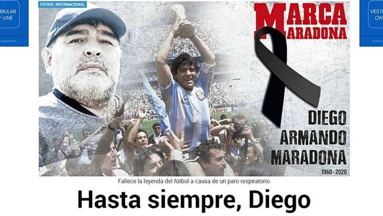 Principal manchete do espanhol Marca repercute a morte de Maradona