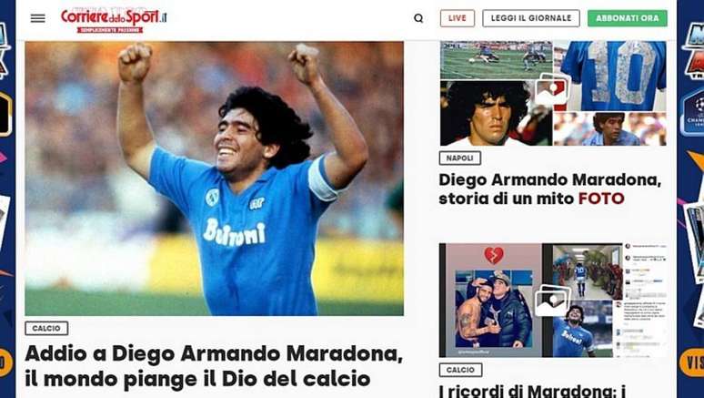 Jornal italiano Corriere dello Sport noticia a morte de Diego Maradona