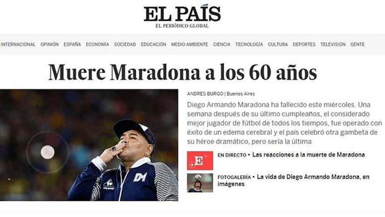Espanhol El País noticia a morte de Diego Maradona