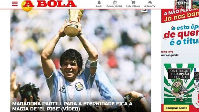Manchete do português A Bola sobre a morte de Maradona