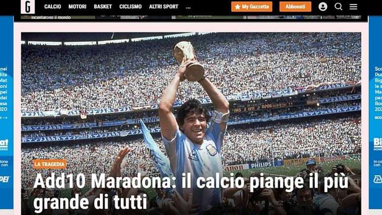 Manchete do italiano Gazzetta dello Sport sobre a morte de Maradona