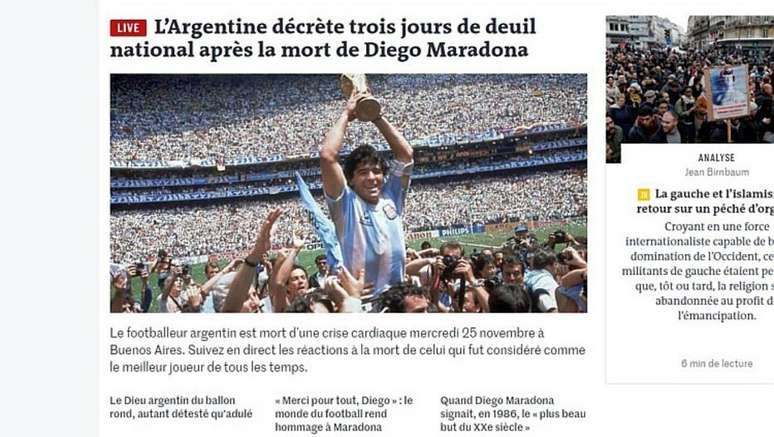 A morte de Diego Maradona pelo francês Le Monde