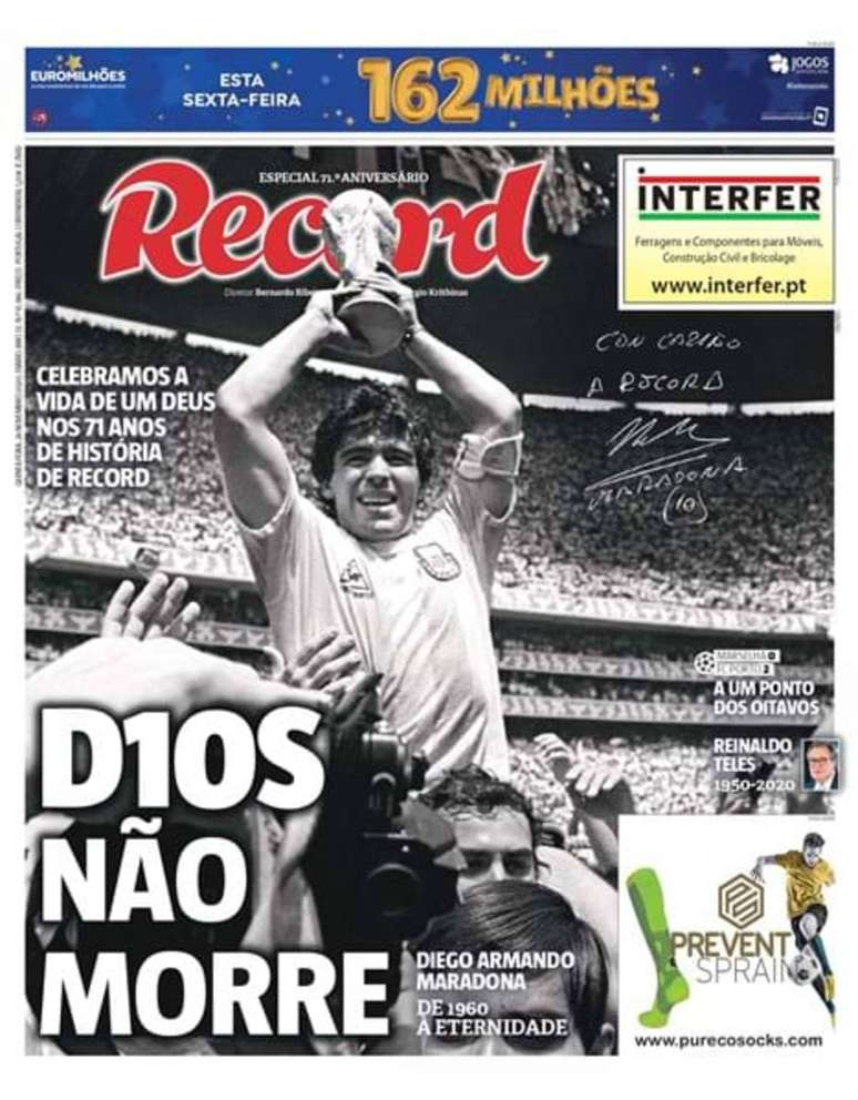 Capa do jornal Record, de Portugal, diz que "D10S não morre", em homenagem a Maradona. 